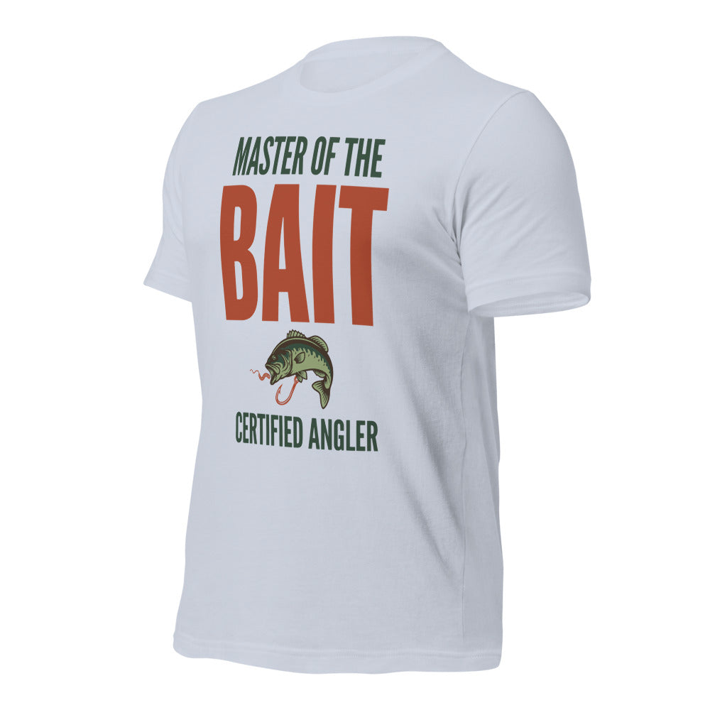 Master of the Bait retro fishing humor typography tee — Light Blue, front-right