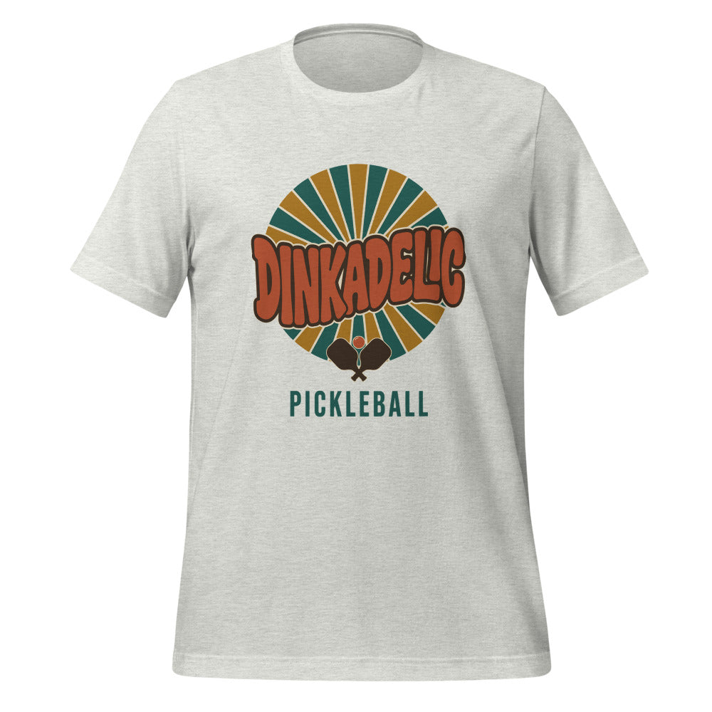 Dinkadelic retro 70s pickleball tee — Ash, front