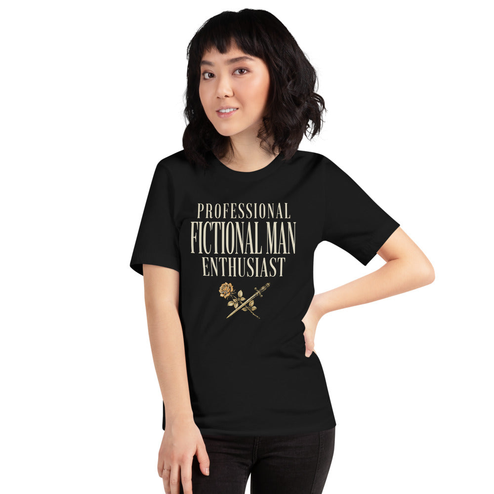 Professional Fictional Man Enthusiast book lover dark academia tee — Black, on model