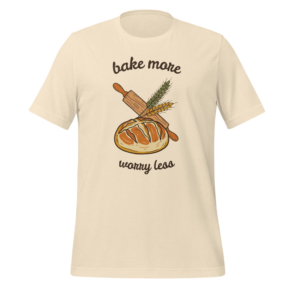 Bake More Worry Less retro kitchen sourdough tee — Heather Natural, front