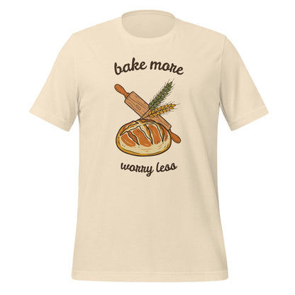 Bake More Worry Less retro kitchen sourdough tee — Heather Natural, front