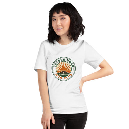 Golden Hour Run Club retro running tee — White, on model