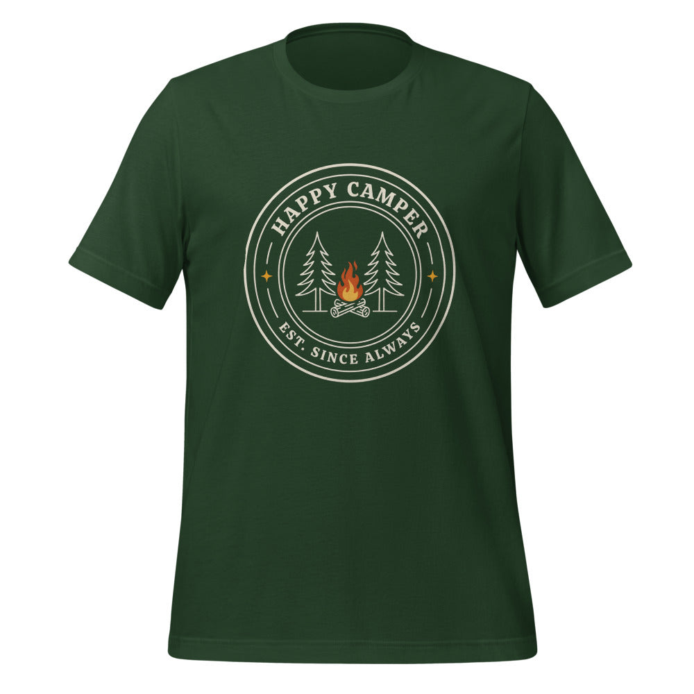Happy Camper retro camp badge tee — Forest, front