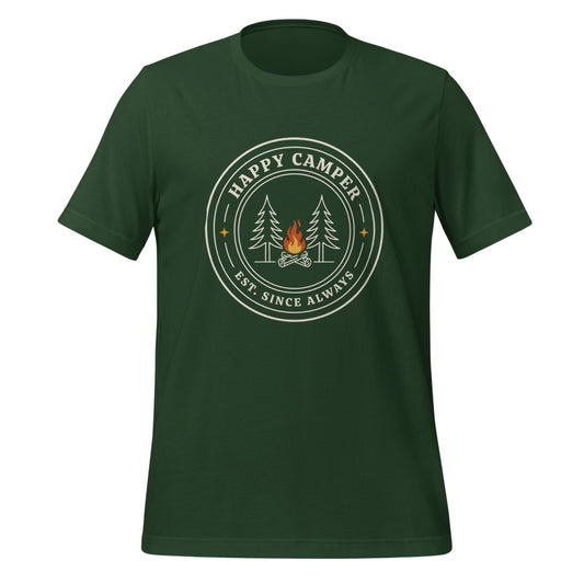 Happy Camper retro camp badge tee — Forest, front