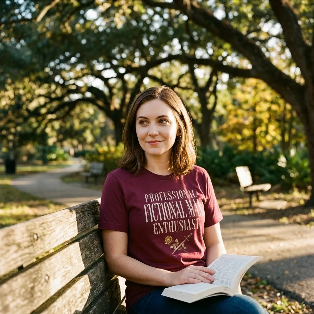 Professional Fictional Man Enthusiast dark academia book lover tee worn by a white woman reading on a park bench in golden light — Maroon, front