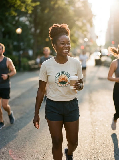 Golden Hour Run Club retro running tee — runner on a golden-hour city street wearing Heather Natural