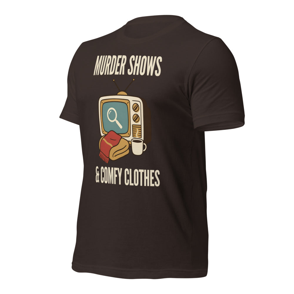 Murder Shows and Comfy Clothes cozy true crime tee — Brown, front-right