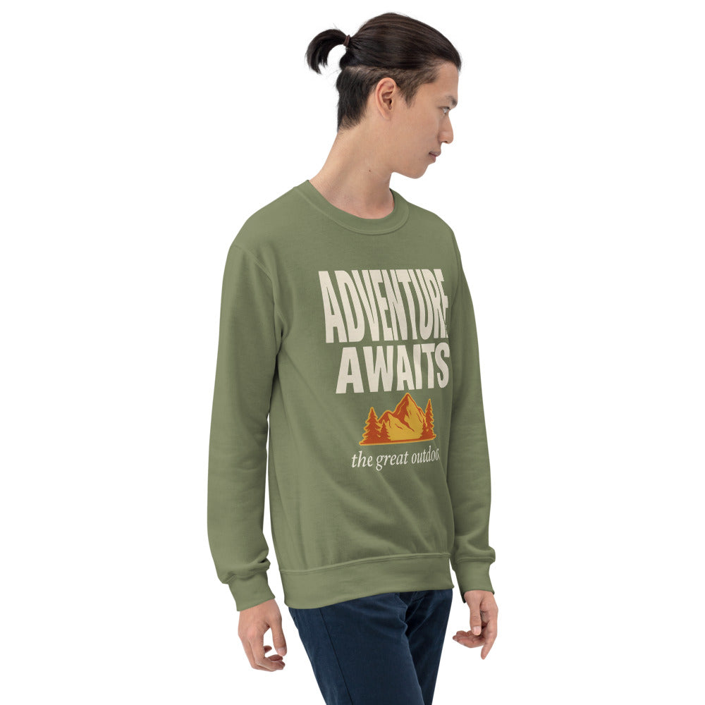 Adventure Awaits retro outdoors typography crewneck sweatshirt — Military Green, worn by model