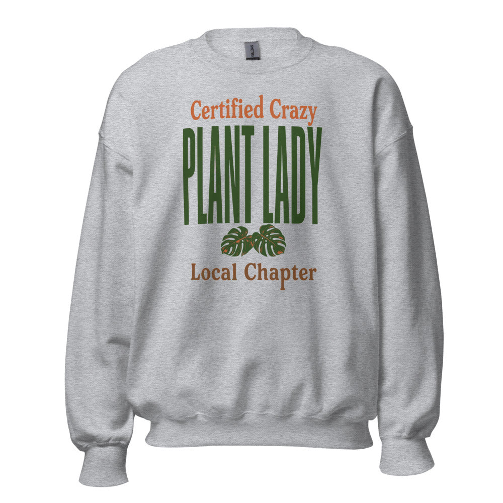 Certified Crazy Plant Lady retro botanical crewneck sweatshirt — Sport Grey, front