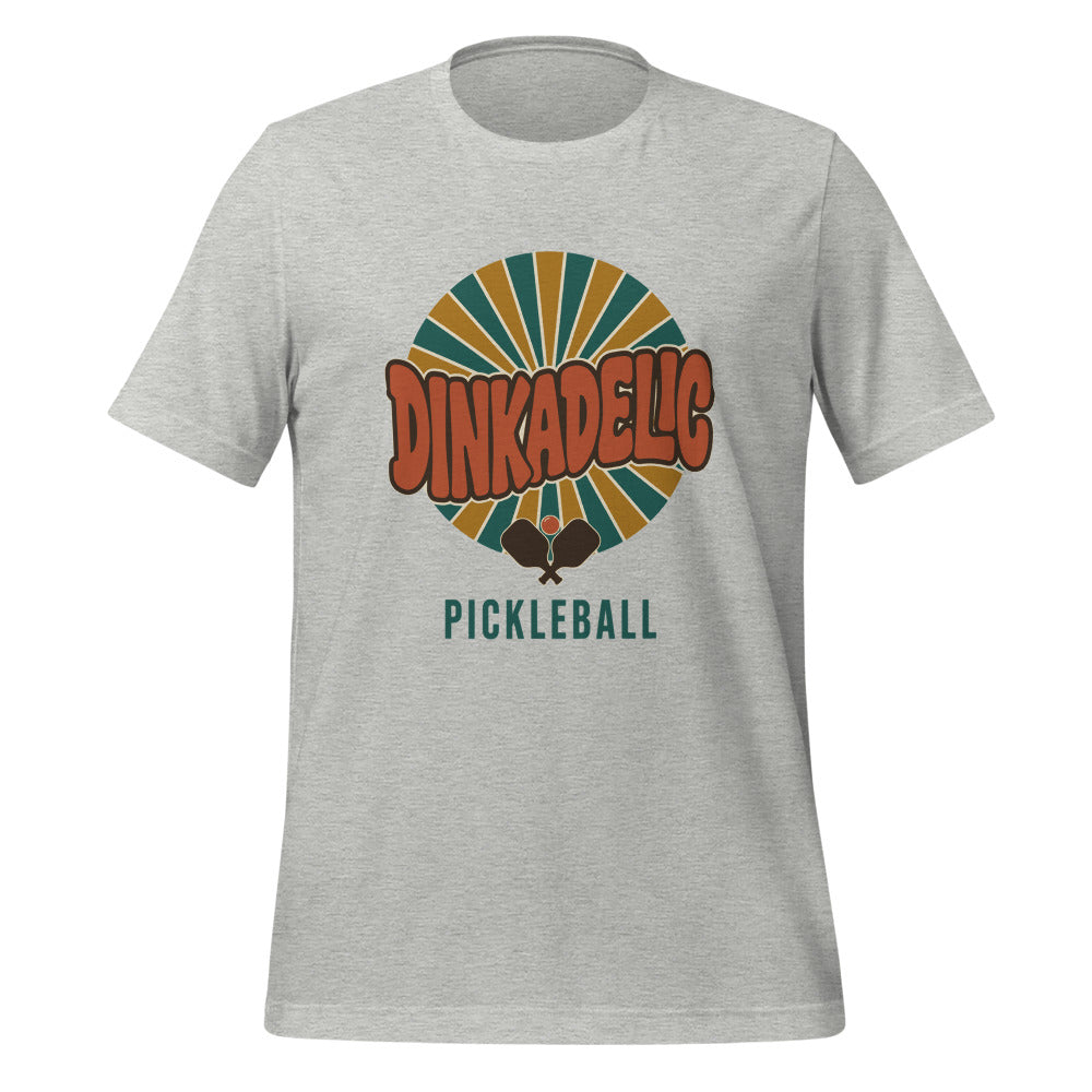 Dinkadelic retro 70s pickleball tee — Athletic Heather, front