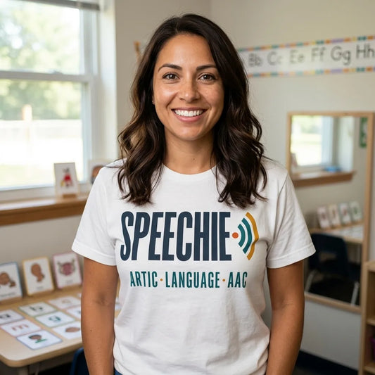 Speechie Wordmark speech therapy tee — lifestyle