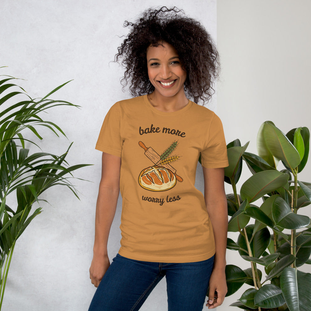 Bake More Worry Less retro kitchen sourdough tee — Toast, on model