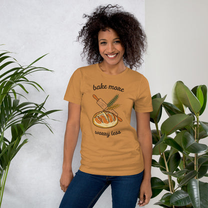 Bake More Worry Less retro kitchen sourdough tee — Toast, on model