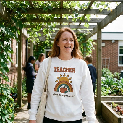 Teacher in a White Where The Magic Happens retro groovy crewneck sweatshirt walking through a school garden