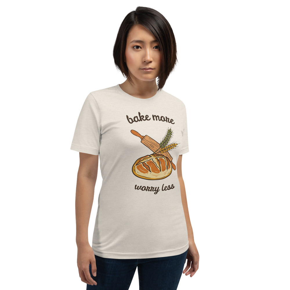 Bake More Worry Less retro kitchen sourdough tee — Heather Dust, on model