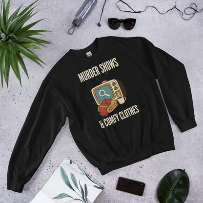 Murder Shows and Comfy Clothes cozy true crime crewneck sweatshirt — Black, front-right