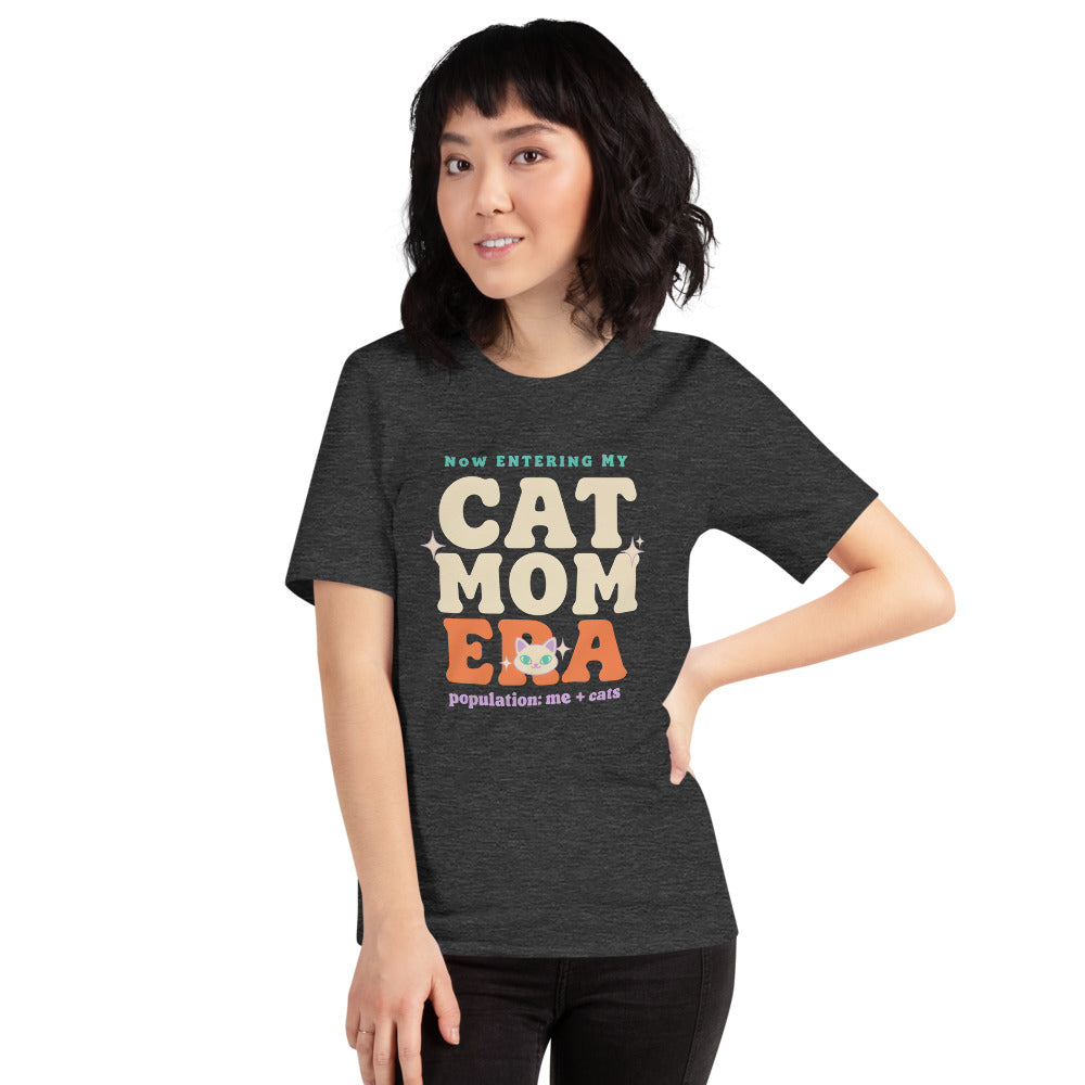 Cat Mom Era retro Y2K tee on model — Dark Grey Heather