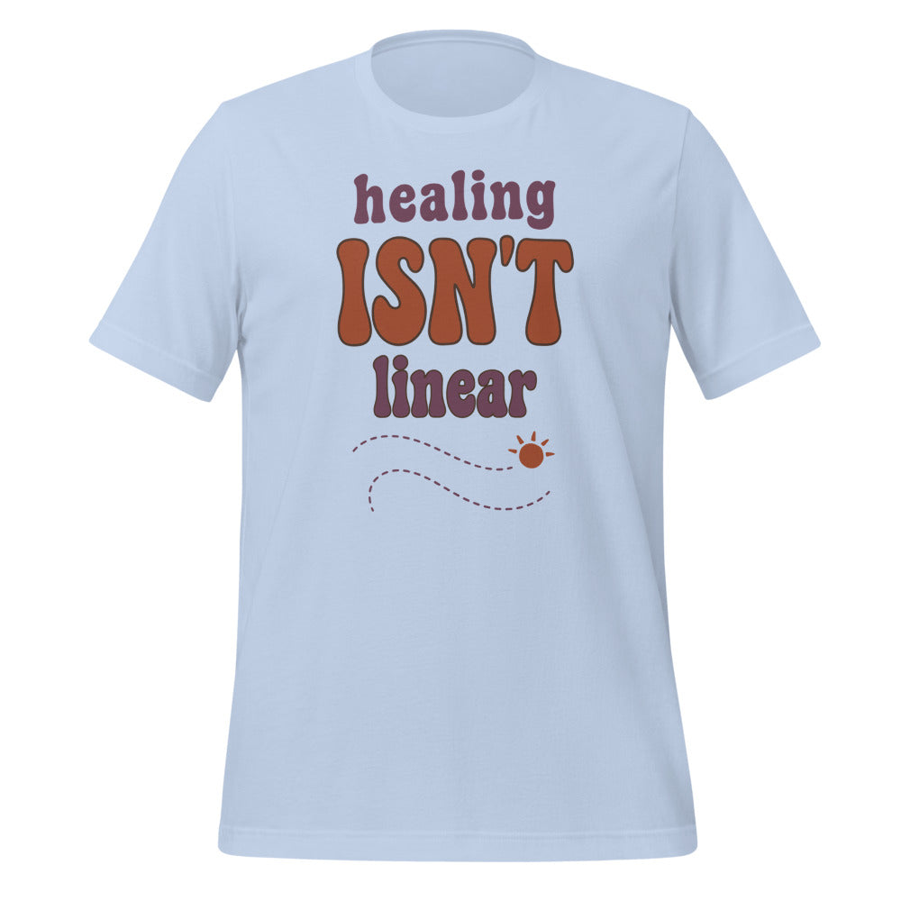 Healing Isn't Linear soft retro mental health tee — Baby Blue, front