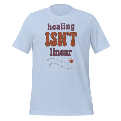 Healing Isn't Linear soft retro mental health tee — Baby Blue, front