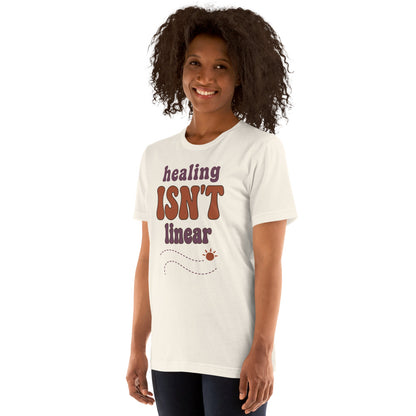 Healing Isn't Linear soft retro mental health tee — Vintage White, on model