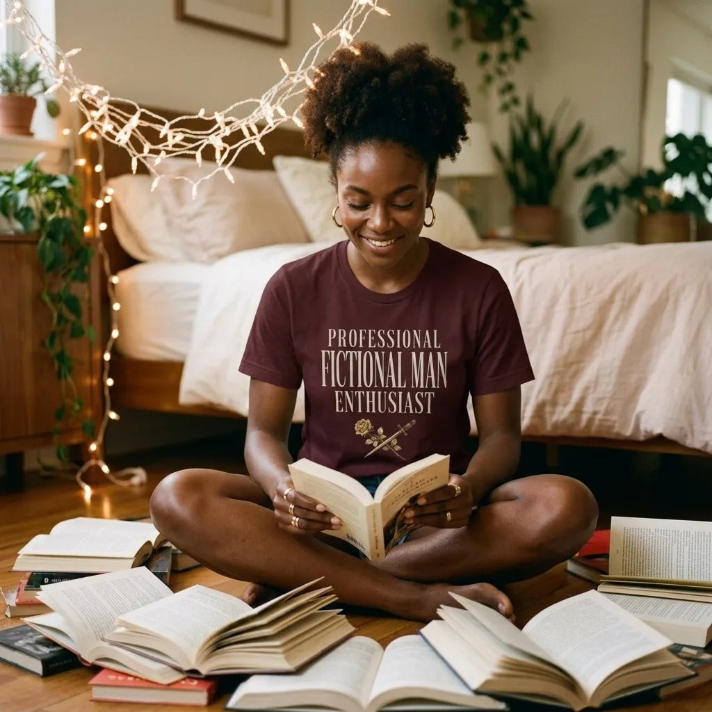 Professional Fictional Man Enthusiast dark academia book lover tee worn by a Black woman reading among books with fairy lights — Oxblood Black, front