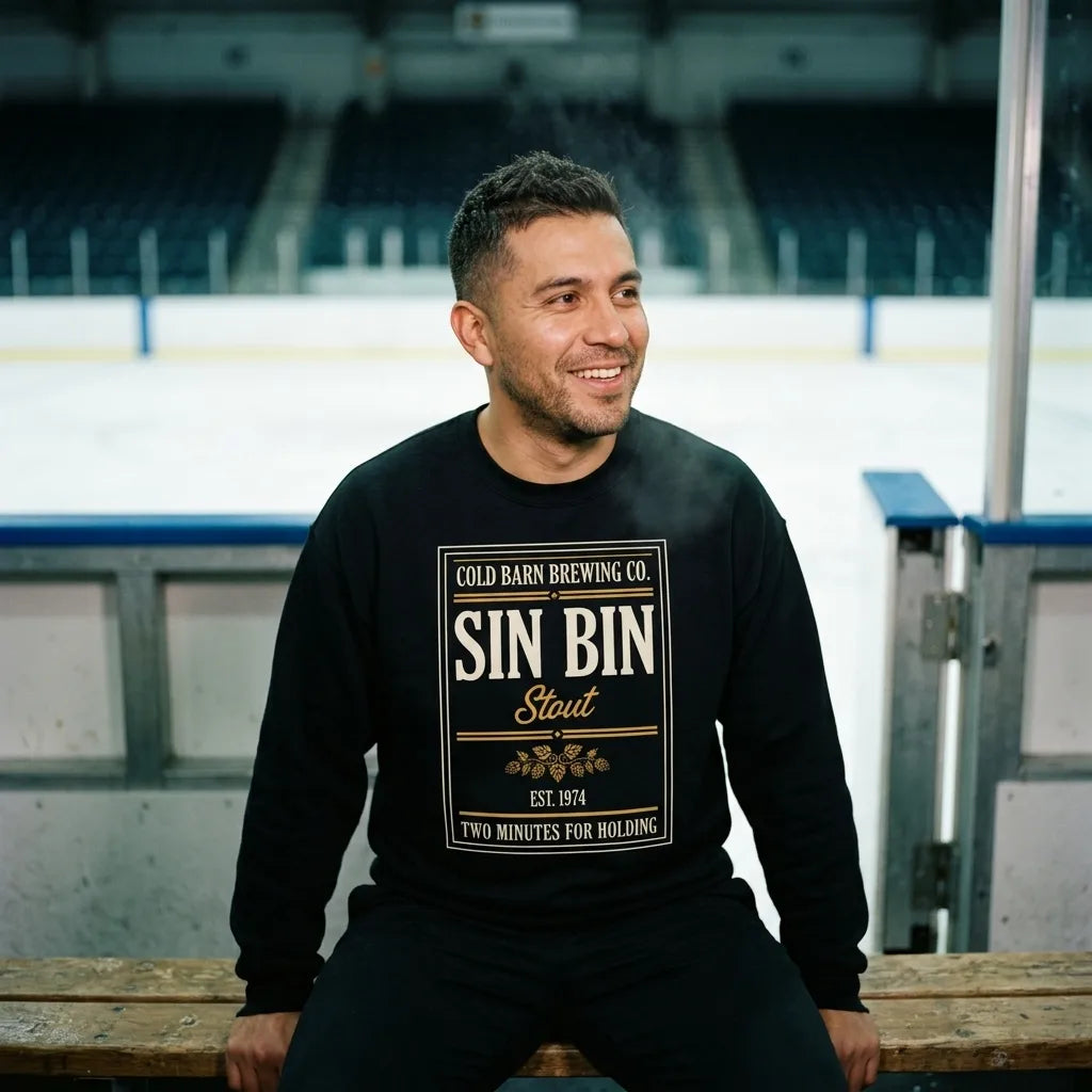 Beer League Sin Bin Stout brewery label crewneck sweatshirt — lifestyle