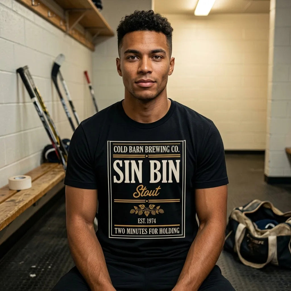 Beer League Sin Bin Stout brewery label t-shirt — lifestyle