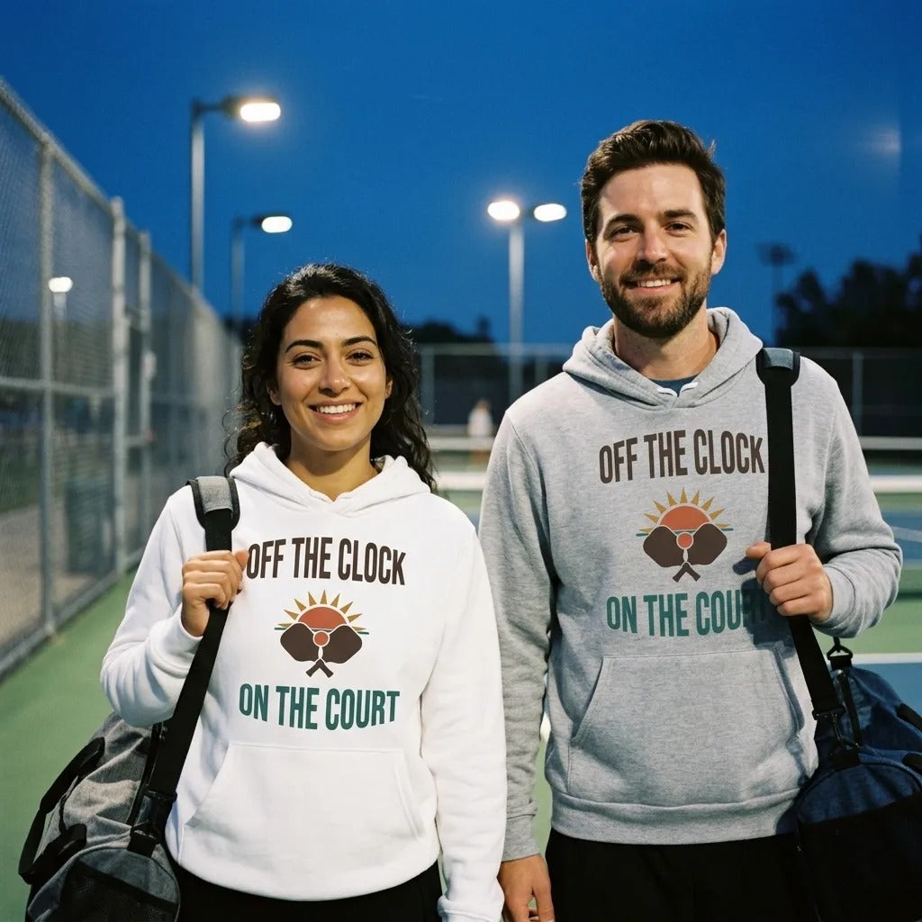 Off The Clock On The Court retro pickleball hoodie — lifestyle