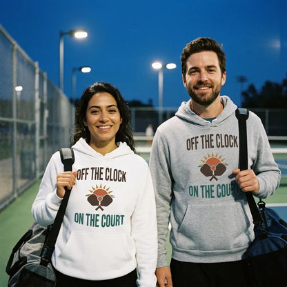 Off The Clock On The Court retro pickleball hoodie — lifestyle