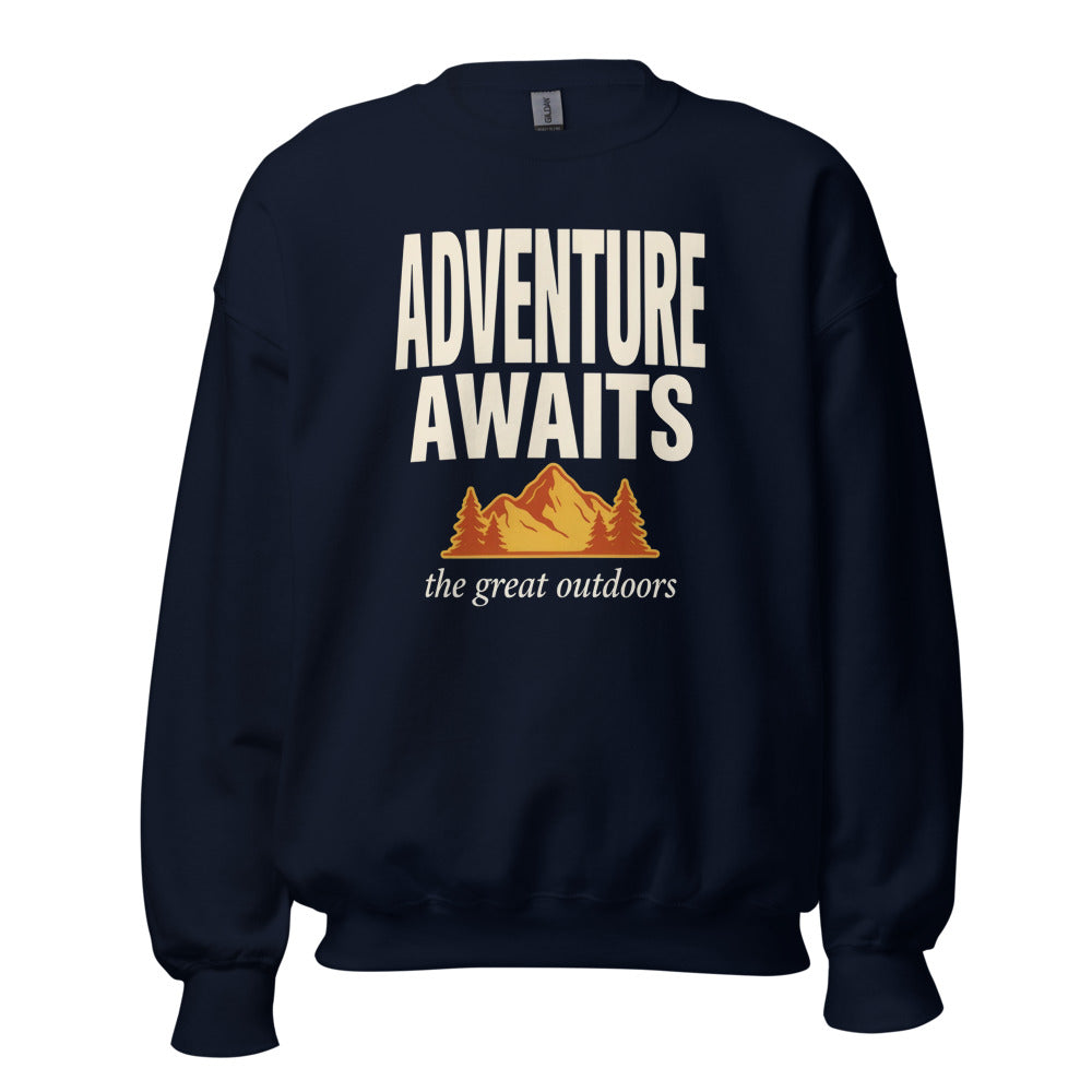 Adventure Awaits retro outdoors typography crewneck sweatshirt — Navy, front