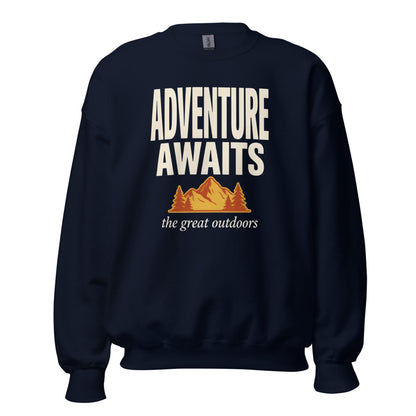Adventure Awaits retro outdoors typography crewneck sweatshirt — Navy, front