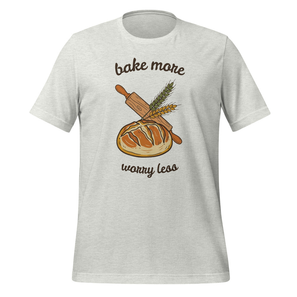 Bake More Worry Less retro kitchen sourdough tee — Ash, front