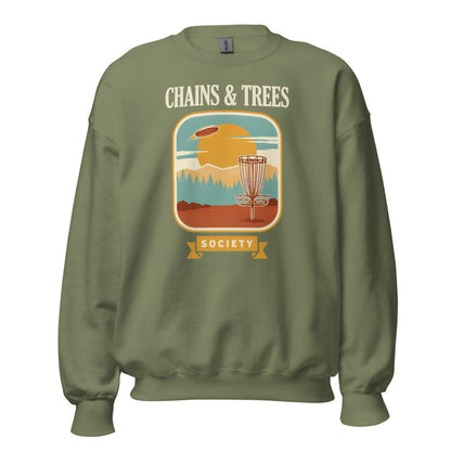 Chains & Trees Society disc golf retro landscape crewneck sweatshirt — Military Green, front