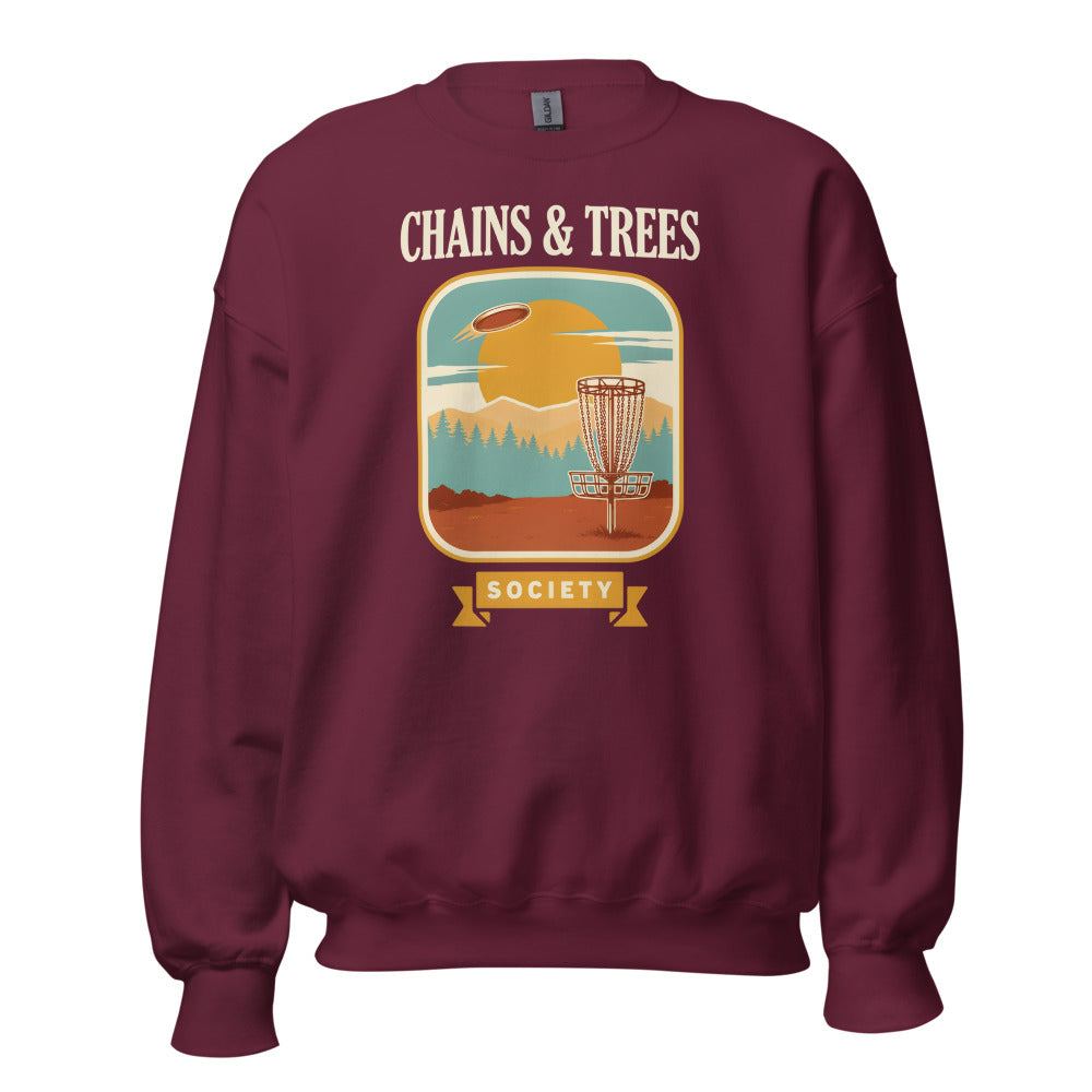 Chains & Trees Society disc golf retro landscape crewneck sweatshirt — Maroon, front