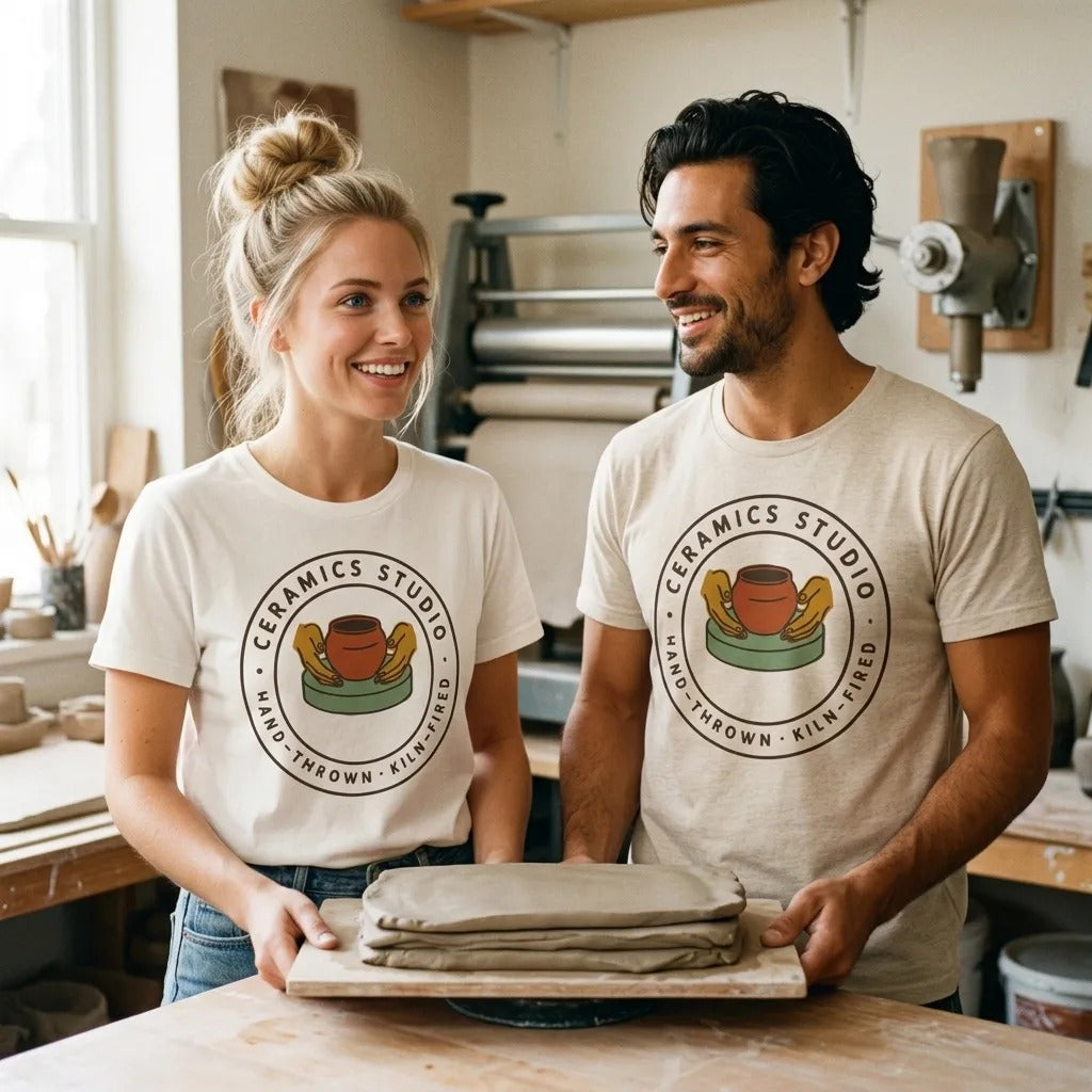 Ceramics Studio Badge hand-thrown pottery t-shirt — lifestyle