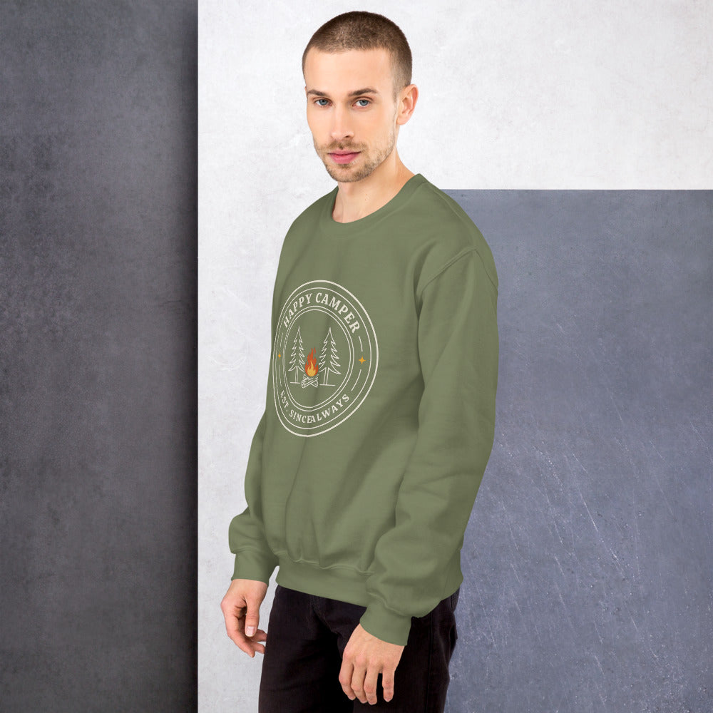 Happy Camper retro camp badge crewneck sweatshirt — Military Green, on model