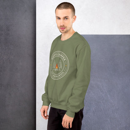 Happy Camper retro camp badge crewneck sweatshirt — Military Green, on model