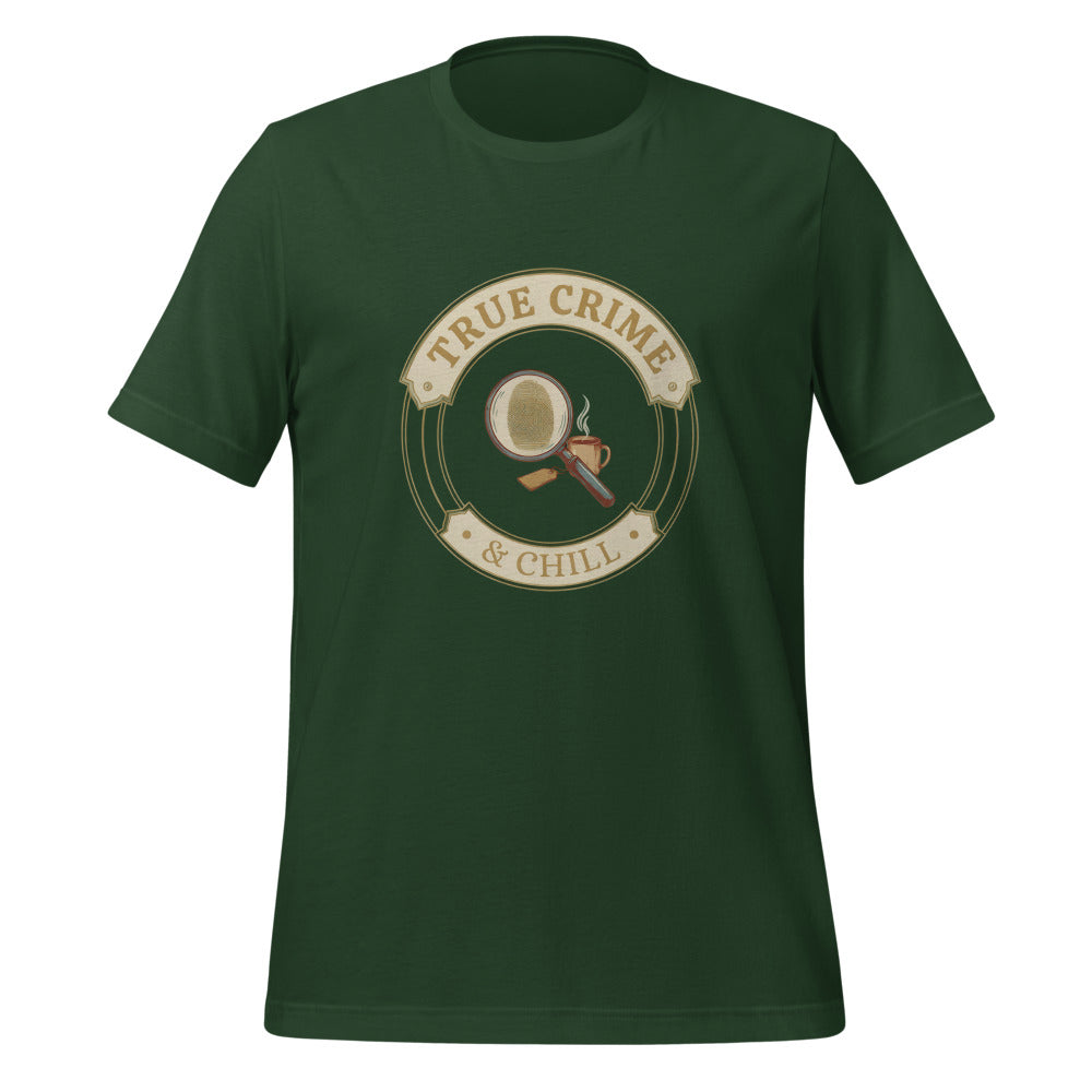 True Crime and Chill vintage case-file badge tee — Forest, front