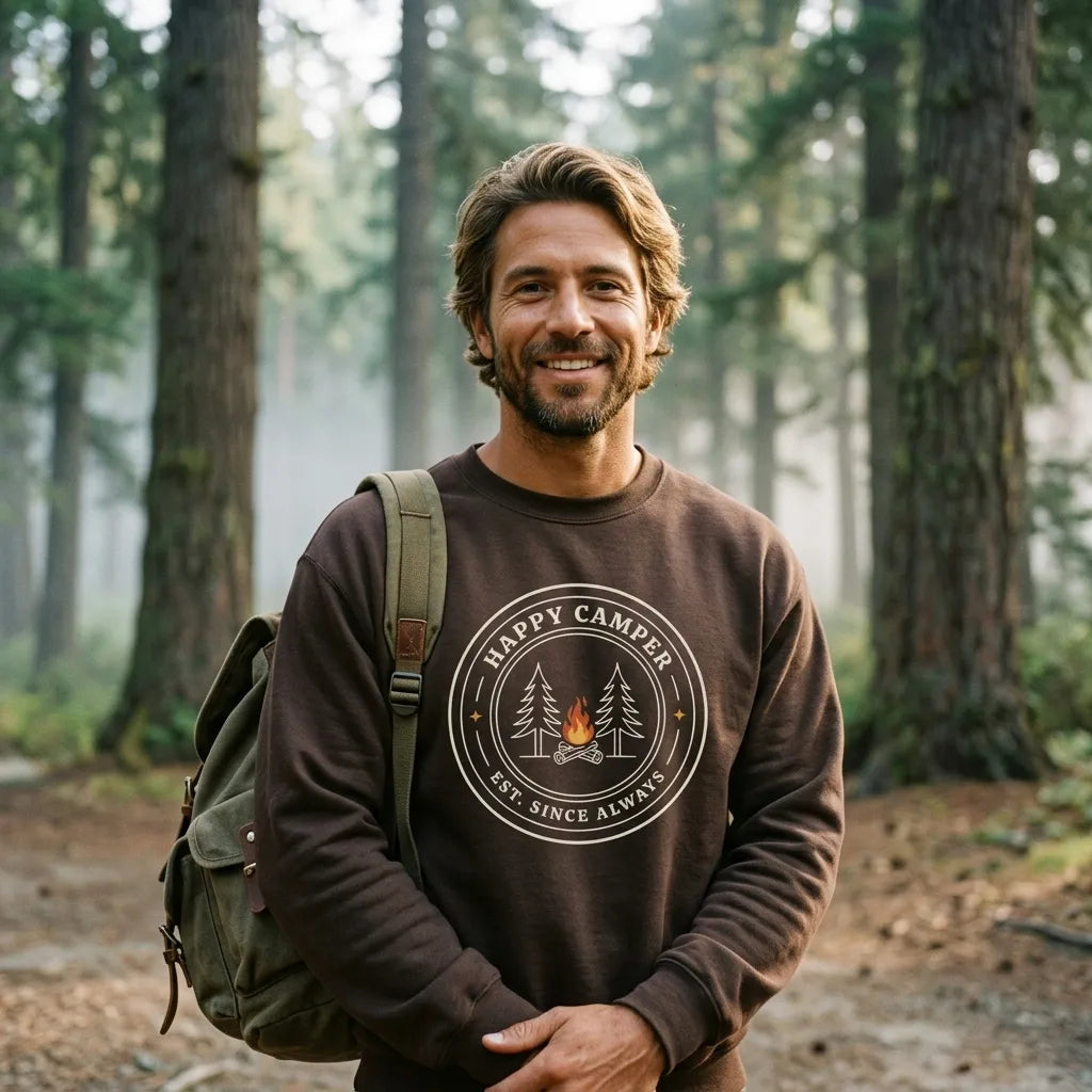 Happy Camper camp badge crewneck sweatshirt — man at a misty forest trailhead, Dark Chocolate