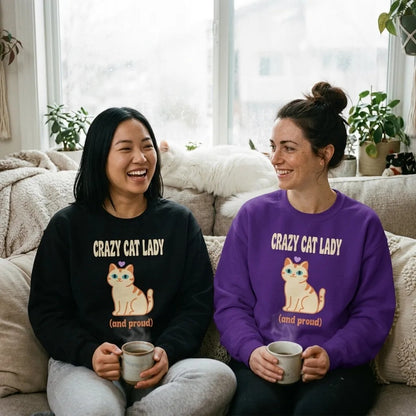 Crazy Cat Lady and Proud crewneck — two women friends in Black and Purple with a white cat