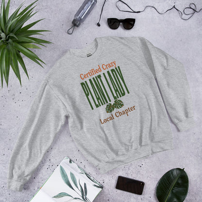 Certified Crazy Plant Lady retro botanical crewneck sweatshirt — Sport Grey, flat lay front