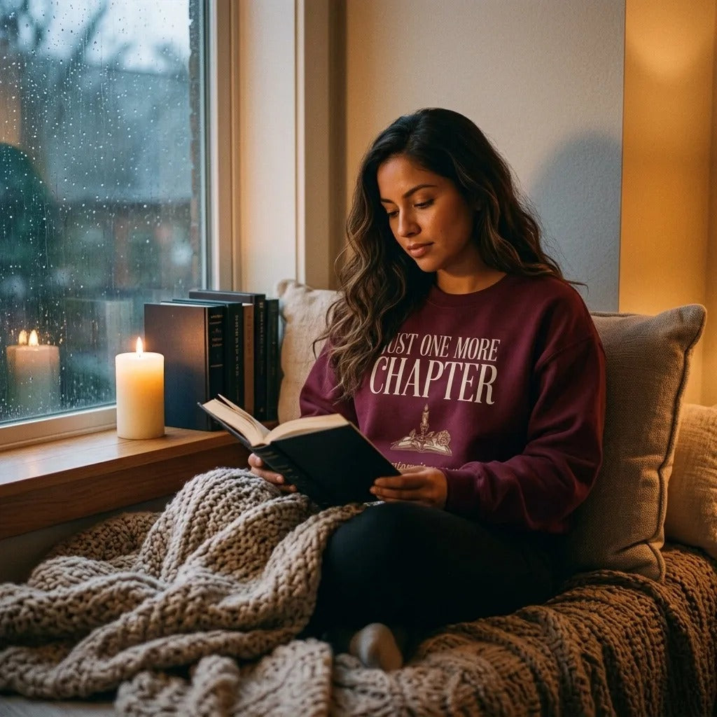 Woman reading in a candlelit window nook wearing the Just One More Chapter book lover crewneck in Maroon (Military Green block)