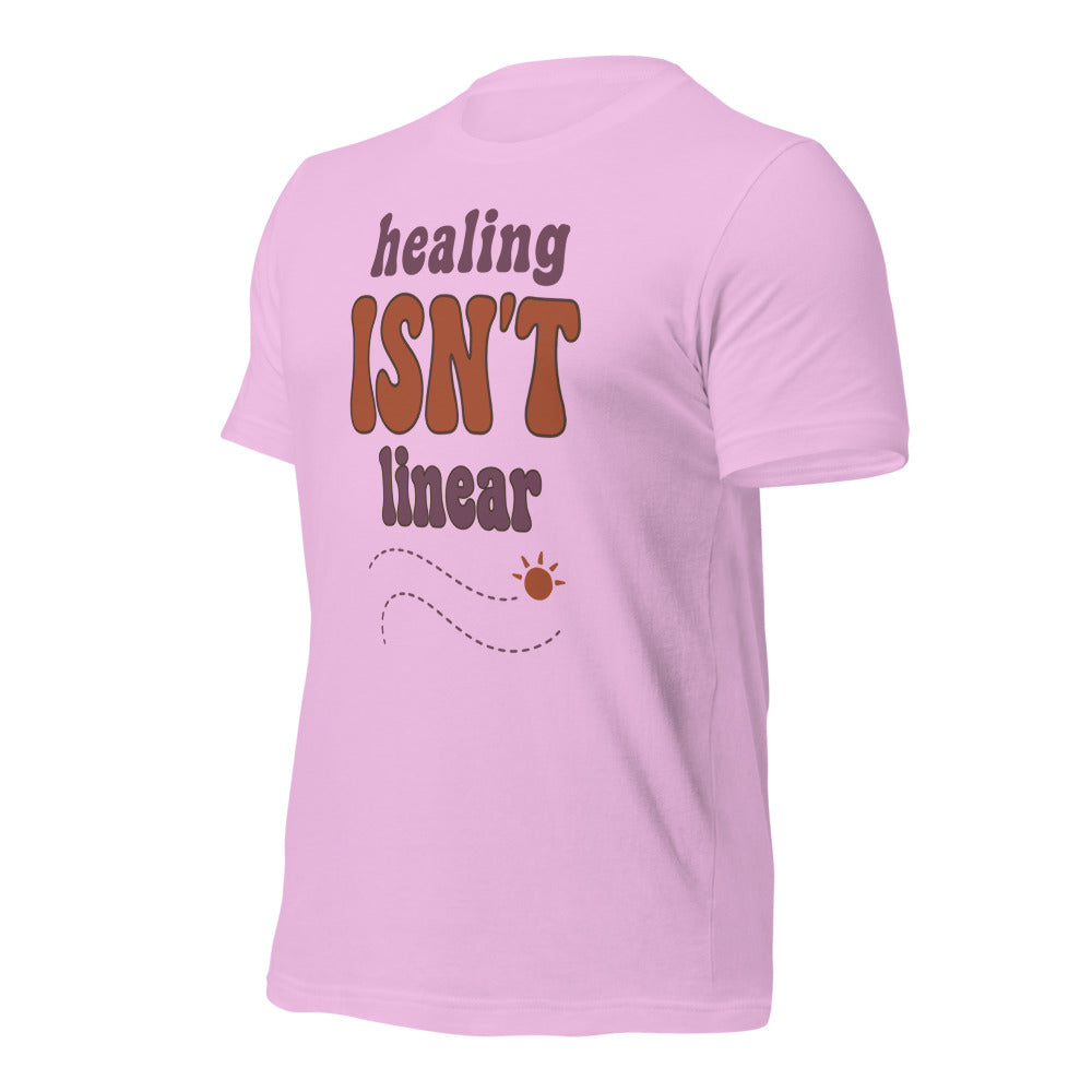 Healing Isn't Linear soft retro mental health tee — Lilac, front right