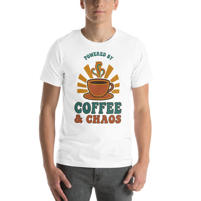 Powered By Coffee And Chaos retro groovy teacher tee — White, on model