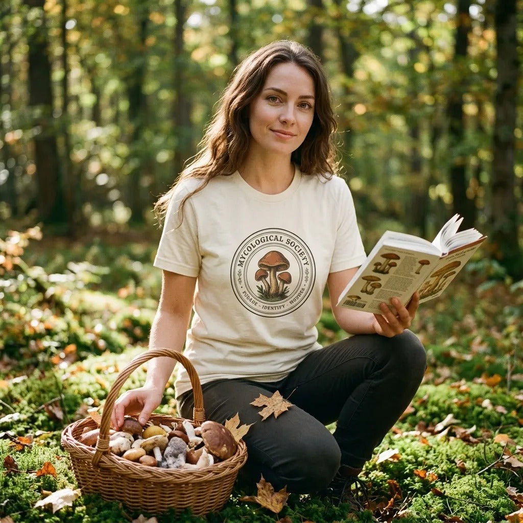 Mushroom Foraging Mycological Society vintage botanical tee — lifestyle
