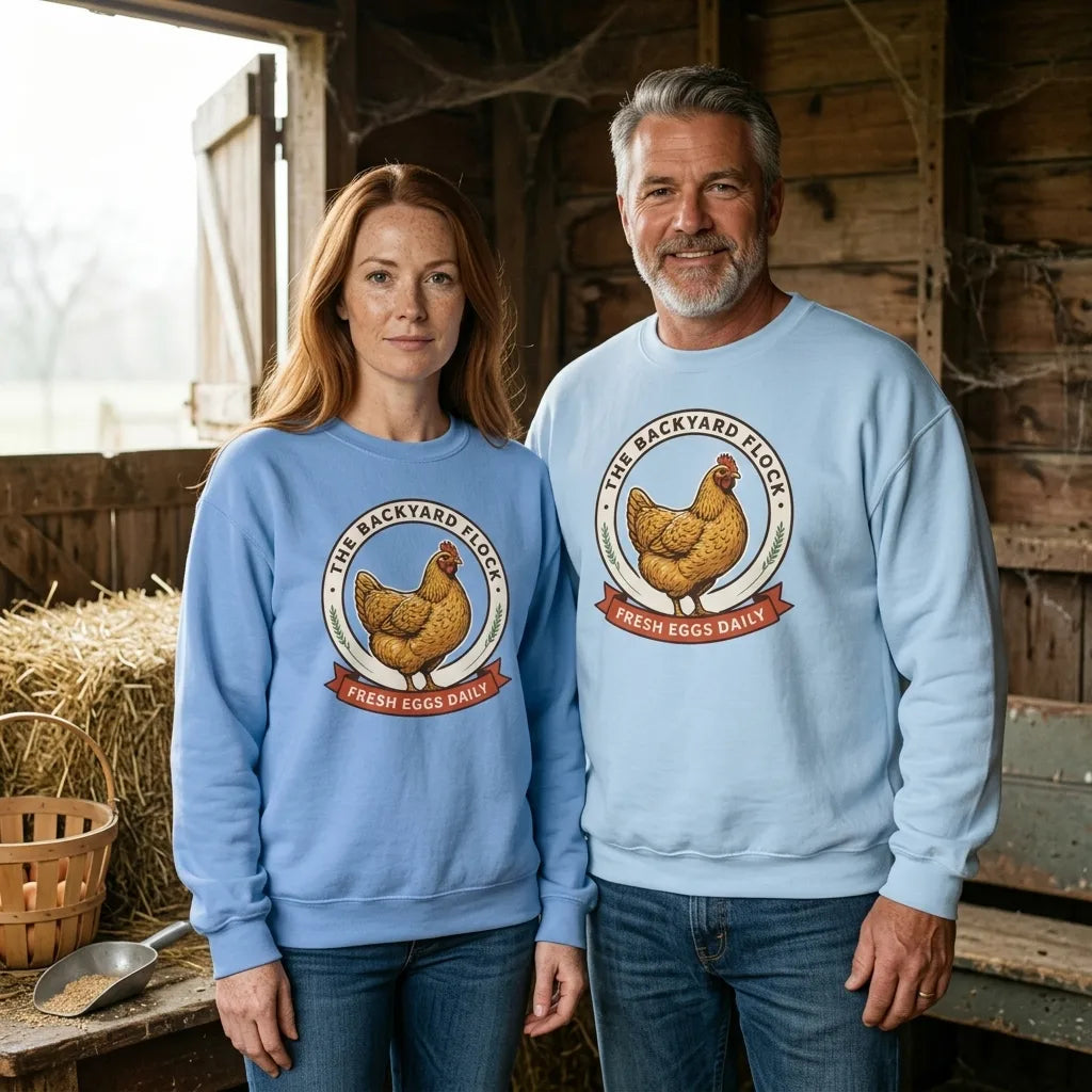 Backyard Flock heritage chicken keeper crewneck sweatshirt — lifestyle