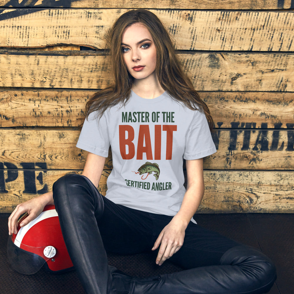 Master of the Bait retro fishing humor typography tee — Light Blue, on model