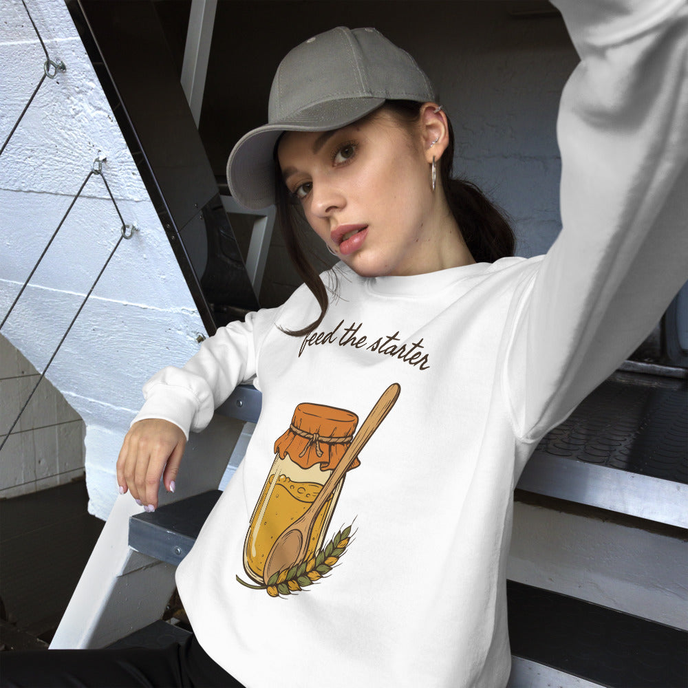 Feed The Starter sourdough baker crewneck sweatshirt — White, on model