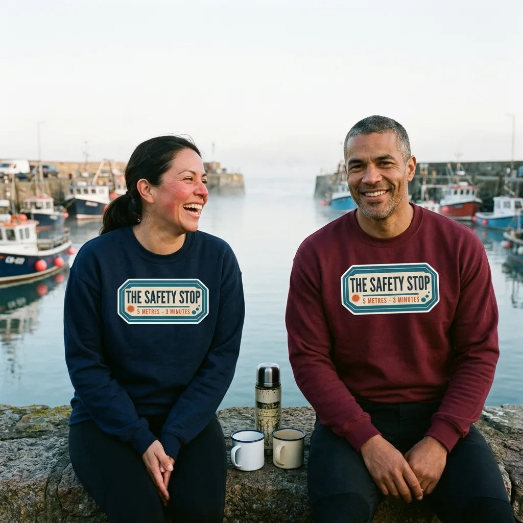 The Safety Stop vintage scuba diving travel decal sweatshirt — lifestyle