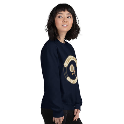 True Crime and Chill crewneck sweatshirt — Navy, on model